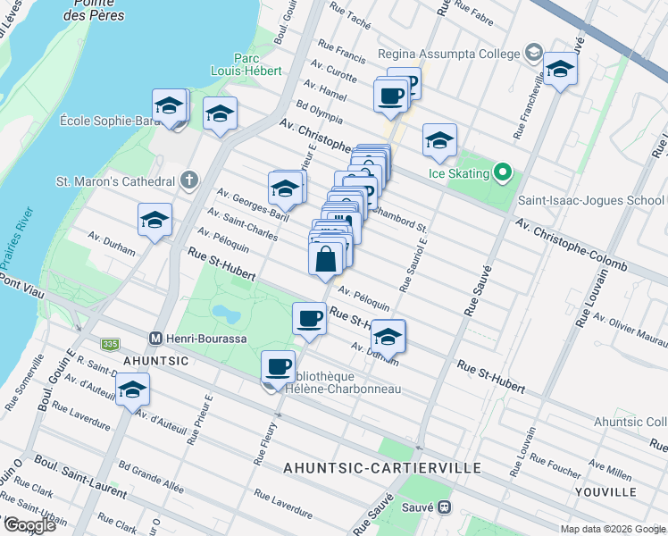 map of restaurants, bars, coffee shops, grocery stores, and more near 955 Rue Fleury Est in Montréal