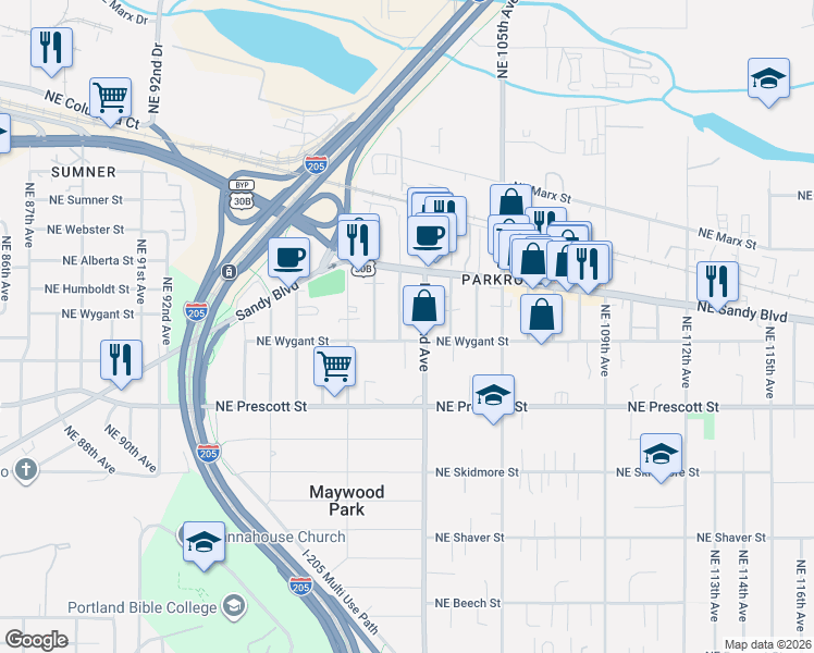 map of restaurants, bars, coffee shops, grocery stores, and more near 4803 Northeast 101st Avenue in Portland