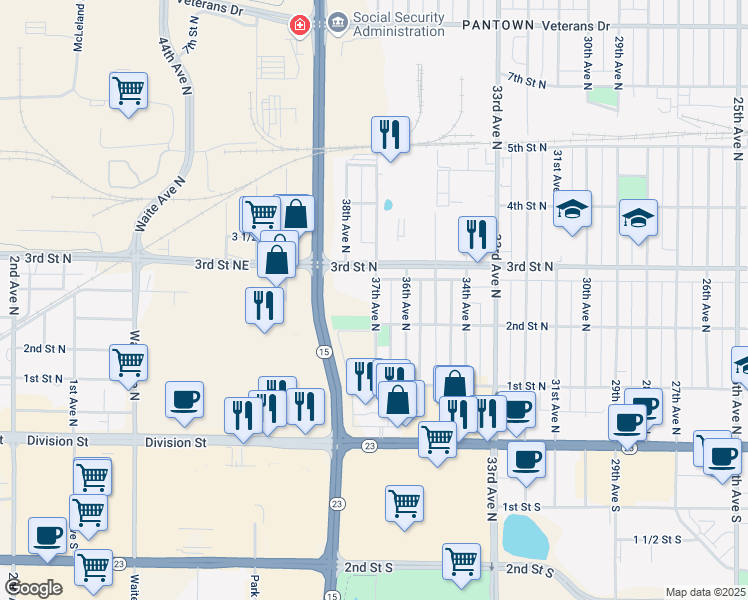 map of restaurants, bars, coffee shops, grocery stores, and more near 232 37th Avenue North in St. Cloud