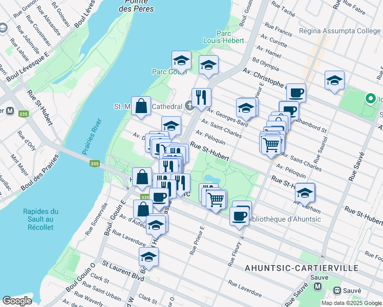 map of restaurants, bars, coffee shops, grocery stores, and more near 10665 Avenue Durham in Montréal
