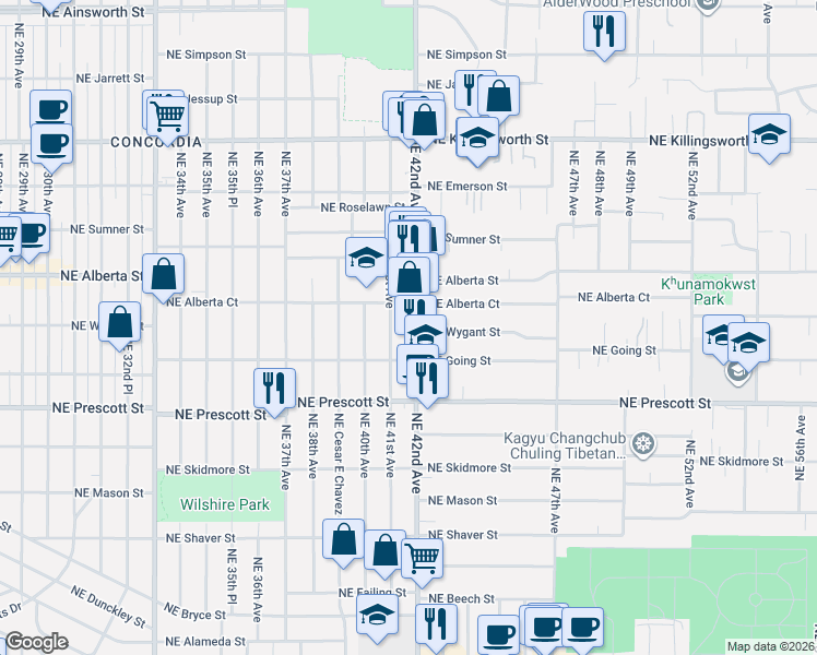 map of restaurants, bars, coffee shops, grocery stores, and more near 4801 Northeast 42nd Avenue in Portland