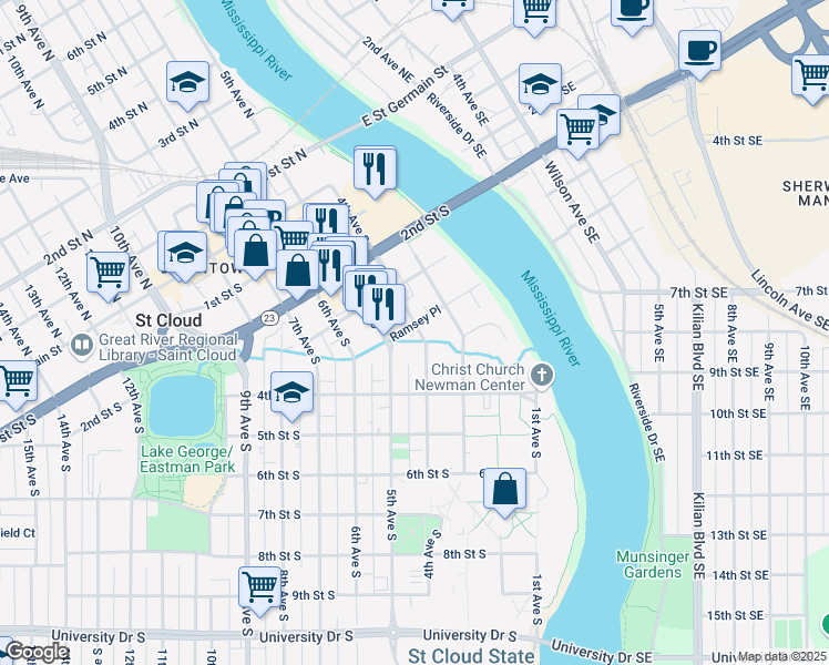 map of restaurants, bars, coffee shops, grocery stores, and more near 328 4th Avenue South in St. Cloud