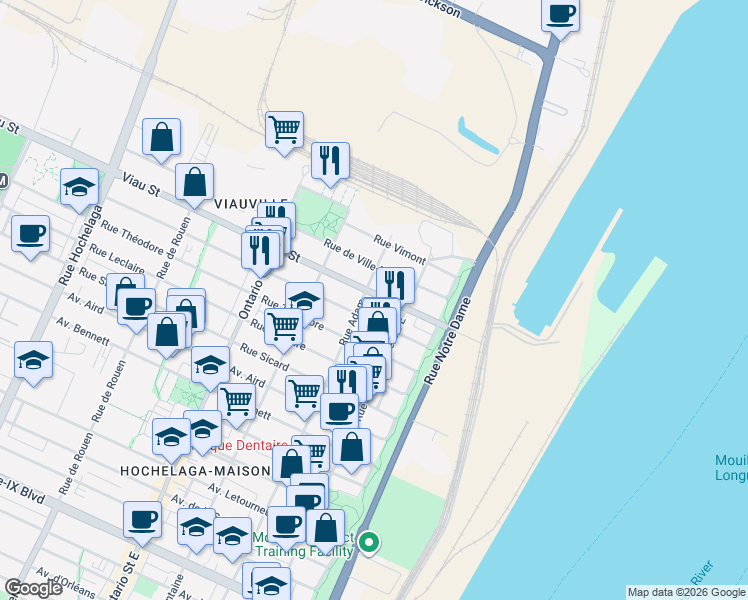 map of restaurants, bars, coffee shops, grocery stores, and more near 1474 Rue Viau in Montréal