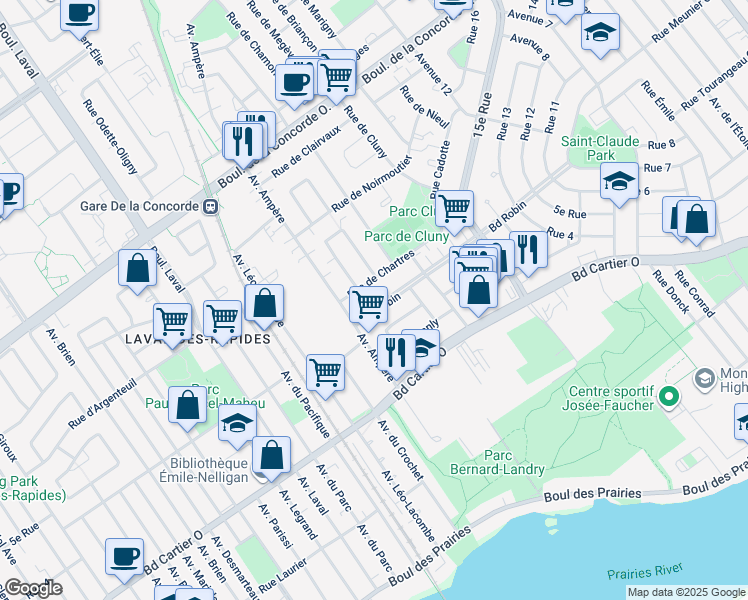 map of restaurants, bars, coffee shops, grocery stores, and more near 505 Boulevard Robin in Laval