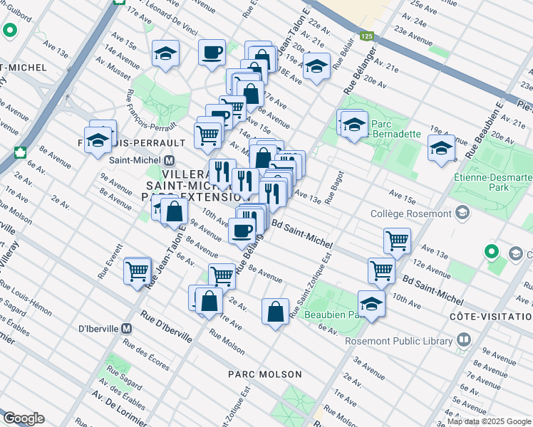 map of restaurants, bars, coffee shops, grocery stores, and more near in Montréal