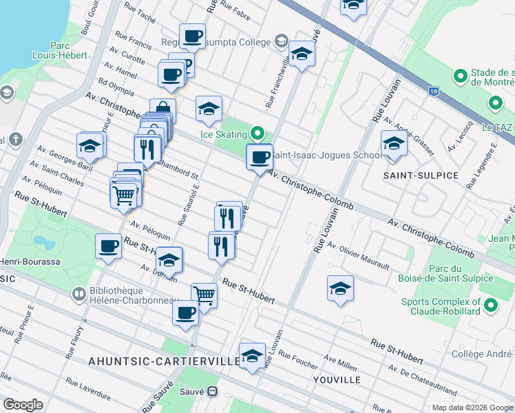 map of restaurants, bars, coffee shops, grocery stores, and more near 9770 A Rue Chambord in Montréal