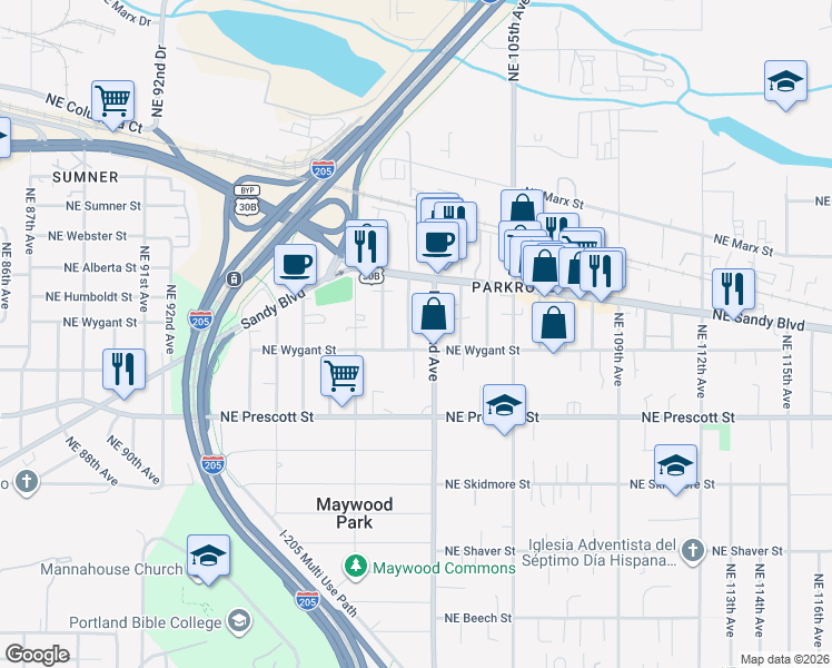map of restaurants, bars, coffee shops, grocery stores, and more near 4724 Northeast 101st Avenue in Portland