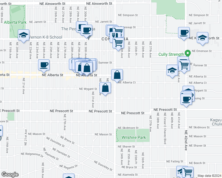 map of restaurants, bars, coffee shops, grocery stores, and more near 3274 Northeast Wygant Street in Portland