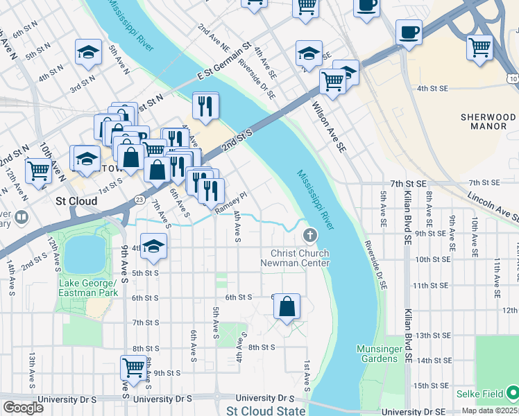 map of restaurants, bars, coffee shops, grocery stores, and more near 356 3rd Avenue South in St. Cloud