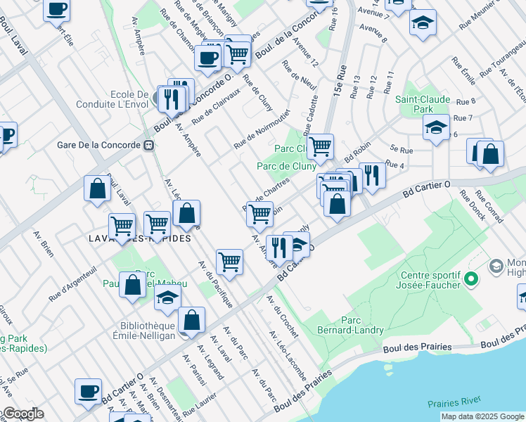map of restaurants, bars, coffee shops, grocery stores, and more near 505 Boulevard Robin in Laval
