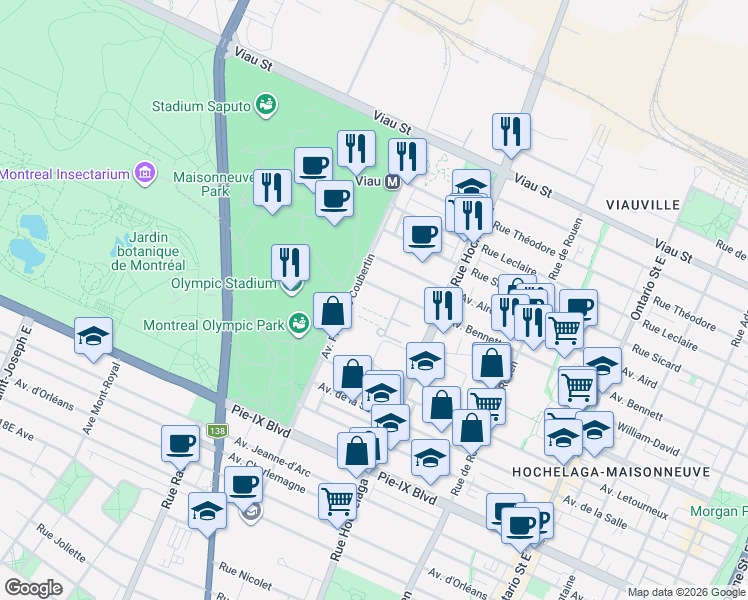 map of restaurants, bars, coffee shops, grocery stores, and more near 2610 Avenue Bennett in Montréal