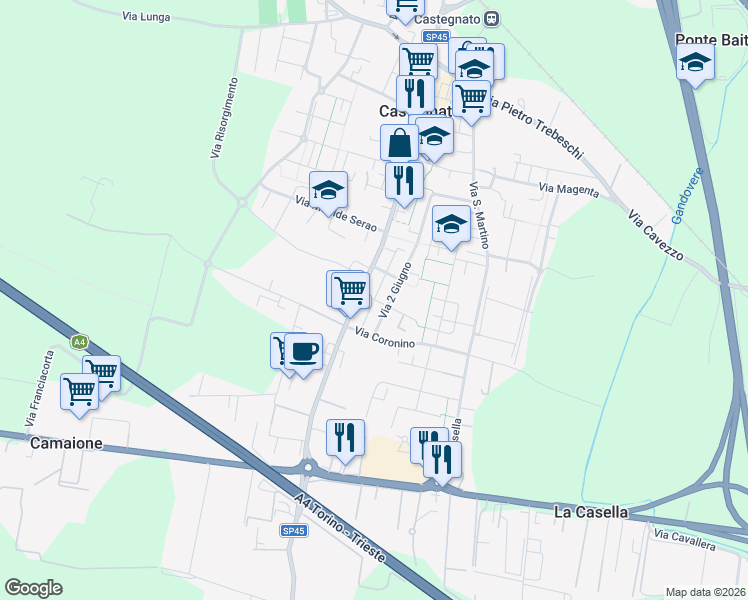 map of restaurants, bars, coffee shops, grocery stores, and more near 59 Via Francesco Franchi in Castegnato