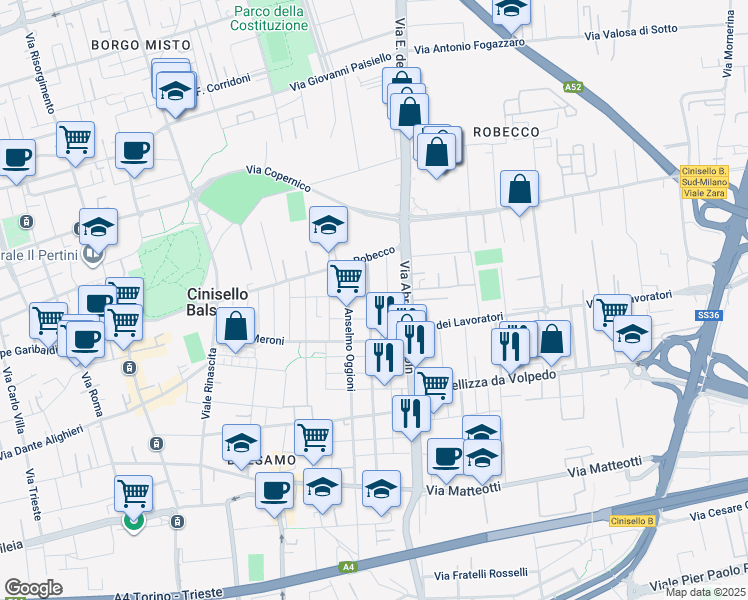map of restaurants, bars, coffee shops, grocery stores, and more near 18 Via Alfredo Guazzoni in Cinisello Balsamo