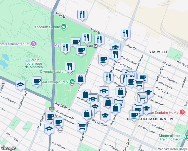map of restaurants, bars, coffee shops, grocery stores, and more near 2600 Avenue Bennett in Montréal