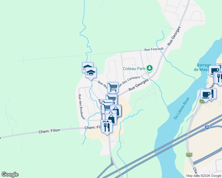 map of restaurants, bars, coffee shops, grocery stores, and more near 103 Rue des Liards in Gatineau