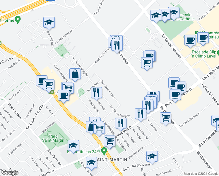 map of restaurants, bars, coffee shops, grocery stores, and more near 1905 Rue Jean-Picard in Laval