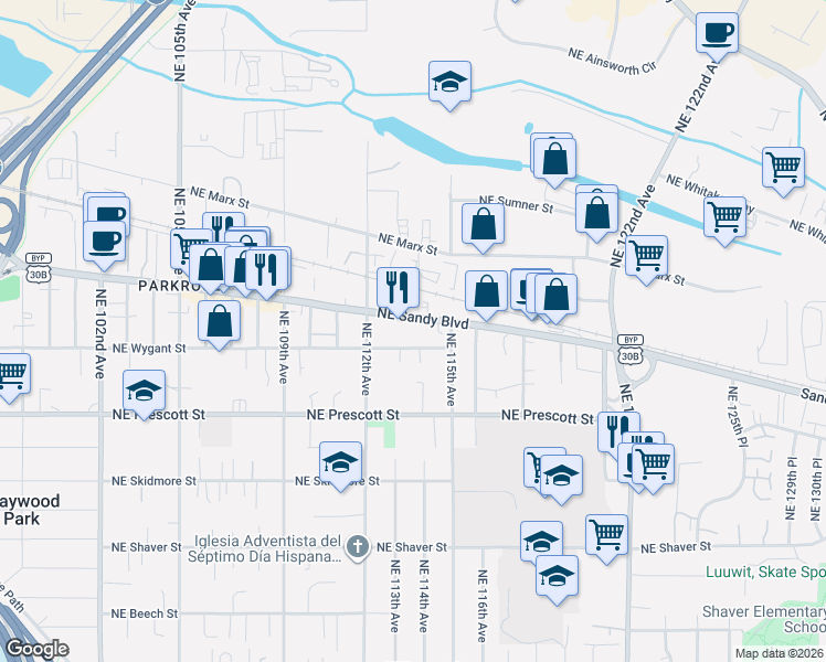 map of restaurants, bars, coffee shops, grocery stores, and more near 11324 Northeast Sandy Boulevard in Portland