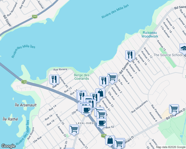 map of restaurants, bars, coffee shops, grocery stores, and more near 5320 Rue Riviera in Laval