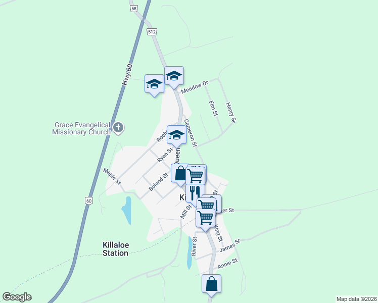 map of restaurants, bars, coffee shops, grocery stores, and more near 35 Cameron Street in Killaloe