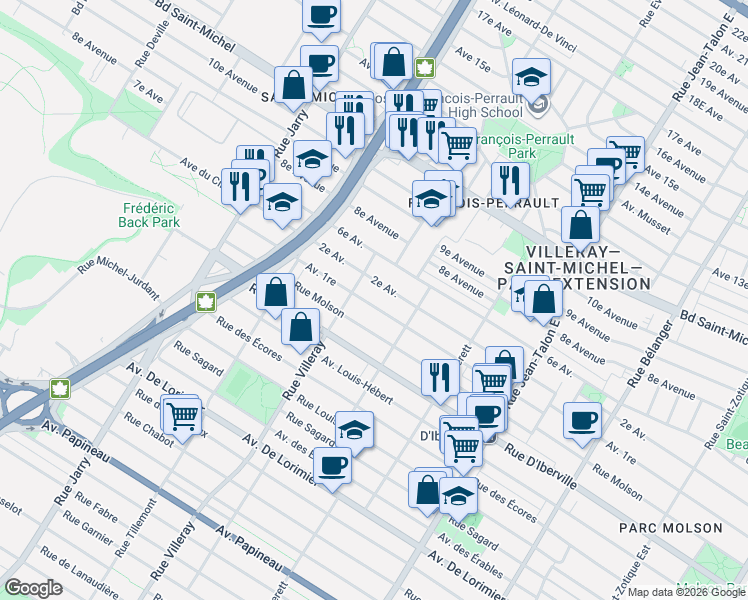 map of restaurants, bars, coffee shops, grocery stores, and more near 7571 1re Avenue in Montréal