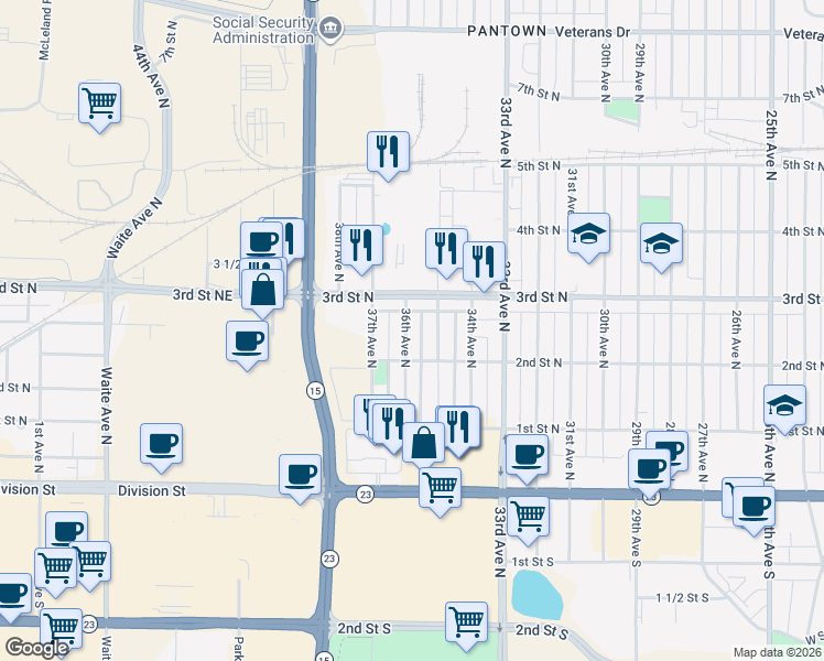 map of restaurants, bars, coffee shops, grocery stores, and more near 230 36th Avenue North in St. Cloud