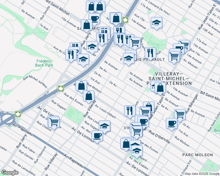 map of restaurants, bars, coffee shops, grocery stores, and more near 7571 1re Avenue in Montréal