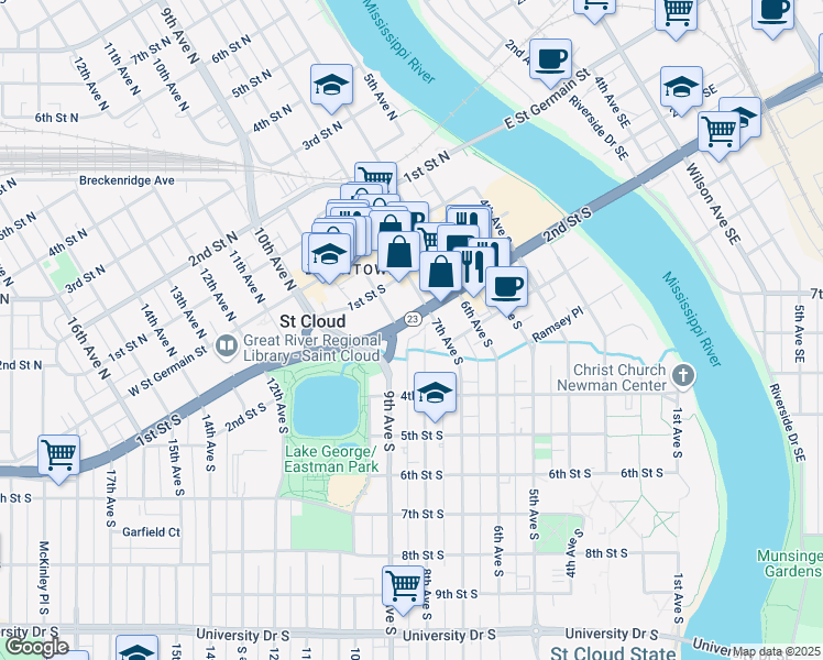 map of restaurants, bars, coffee shops, grocery stores, and more near 201 8th Avenue South in St. Cloud