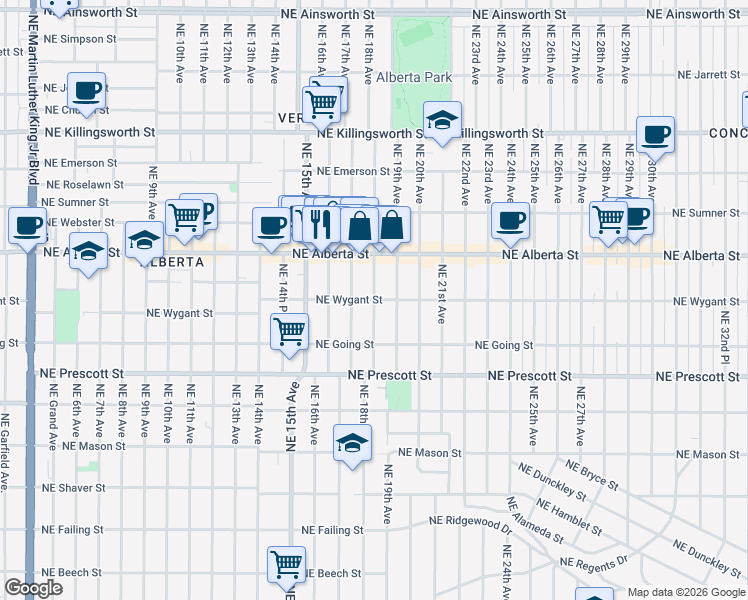 map of restaurants, bars, coffee shops, grocery stores, and more near 4770 Northeast 18th Avenue in Portland