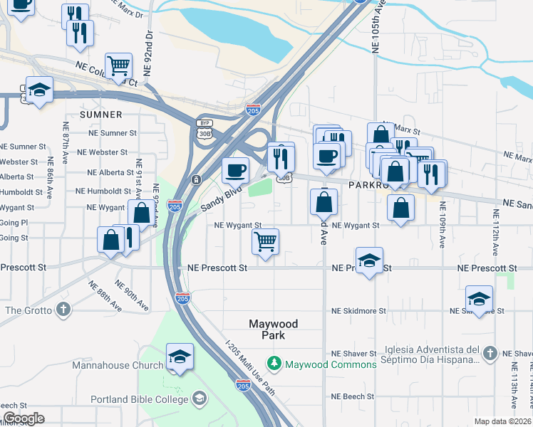 map of restaurants, bars, coffee shops, grocery stores, and more near 4804 Northeast 97th Avenue in Portland