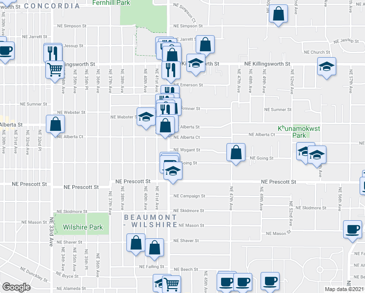 map of restaurants, bars, coffee shops, grocery stores, and more near 4302 Northeast Alberta Court in Portland