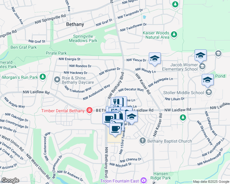 map of restaurants, bars, coffee shops, grocery stores, and more near 15295 Northwest Decatur Way in Portland