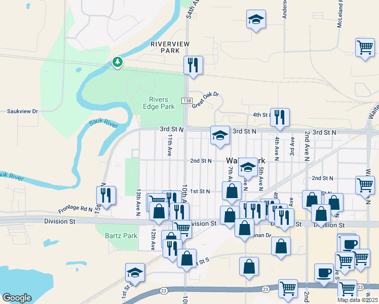 map of restaurants, bars, coffee shops, grocery stores, and more near 225 9th Avenue North in Waite Park
