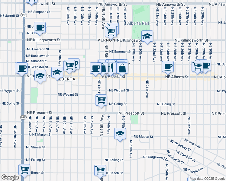 map of restaurants, bars, coffee shops, grocery stores, and more near Northeast Wygant Street in Portland