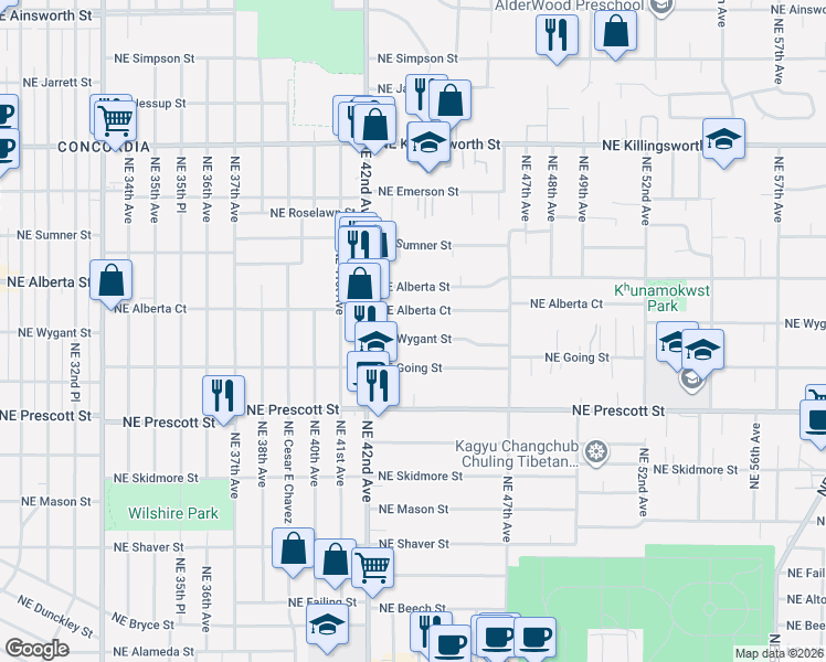 map of restaurants, bars, coffee shops, grocery stores, and more near 4325 Northeast Wygant Street in Portland