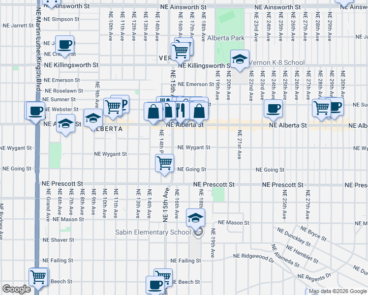 map of restaurants, bars, coffee shops, grocery stores, and more near Northeast Wygant Street in Portland