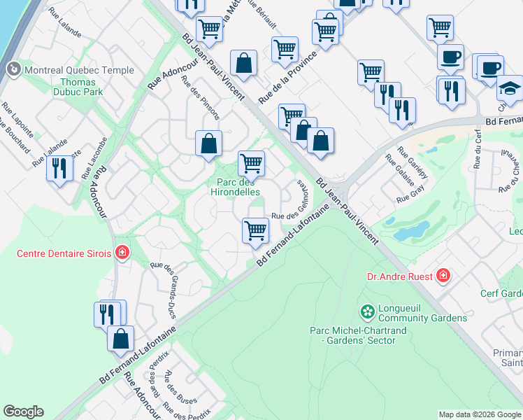 map of restaurants, bars, coffee shops, grocery stores, and more near 1132 Rue des Tourterelles in Longueuil