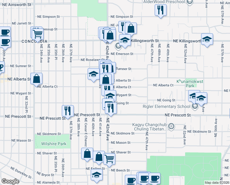 map of restaurants, bars, coffee shops, grocery stores, and more near 4302 Northeast Alberta Court in Portland