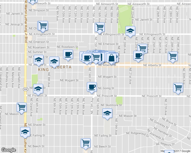 map of restaurants, bars, coffee shops, grocery stores, and more near NE 15th Ave & NE Wygant St in Portland