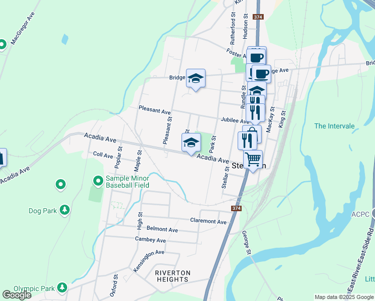 map of restaurants, bars, coffee shops, grocery stores, and more near 109 Birch Street in Stellarton