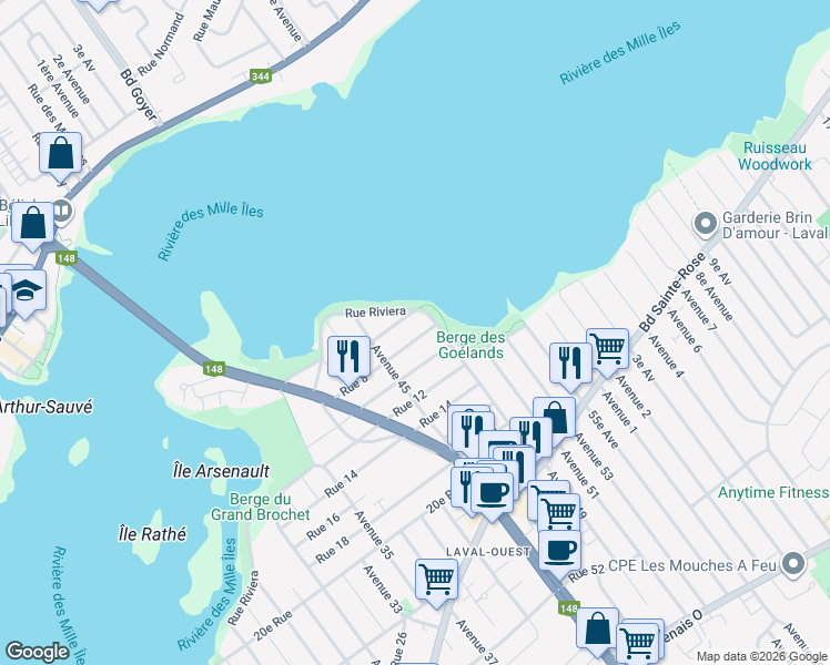 map of restaurants, bars, coffee shops, grocery stores, and more near 4707 8e Rue in Laval