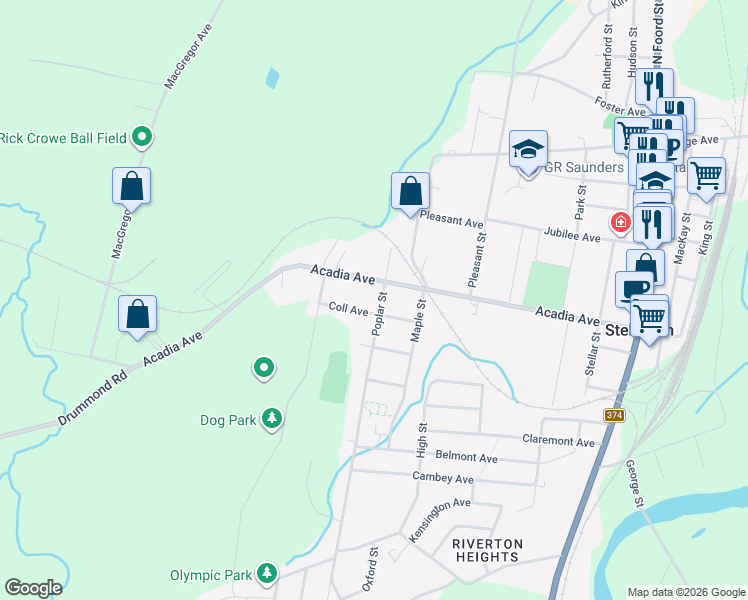 map of restaurants, bars, coffee shops, grocery stores, and more near 34 Poplar Street in Stellarton