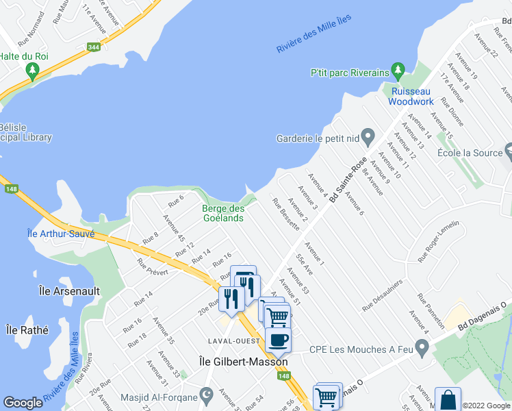 map of restaurants, bars, coffee shops, grocery stores, and more near 5320 Rue Riviera in Laval