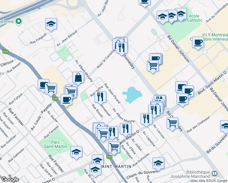 map of restaurants, bars, coffee shops, grocery stores, and more near 1905 Rue Jean-Picard in Laval