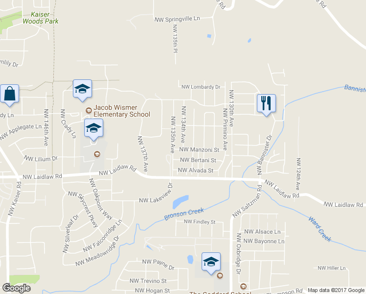 map of restaurants, bars, coffee shops, grocery stores, and more near 4519 Northwest 134th Avenue in Portland
