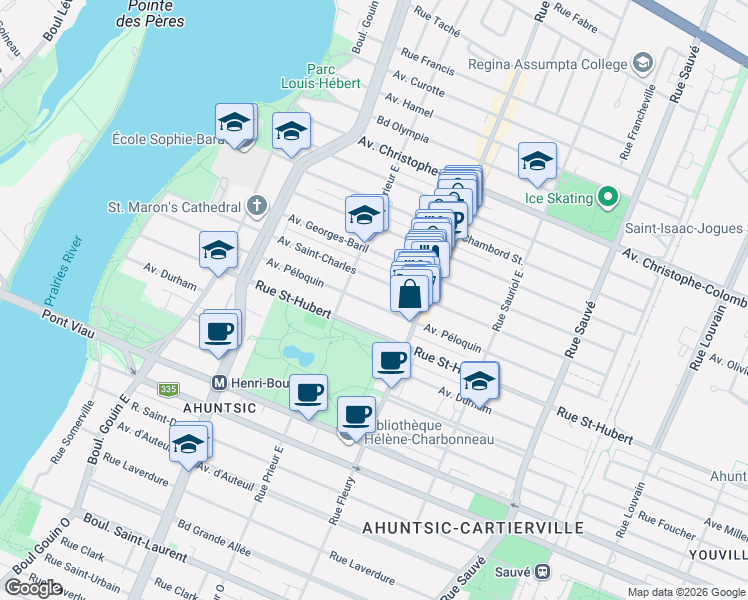 map of restaurants, bars, coffee shops, grocery stores, and more near 10401 Avenue Péloquin in Montréal