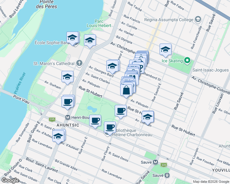 map of restaurants, bars, coffee shops, grocery stores, and more near 10401 Avenue Péloquin in Montréal
