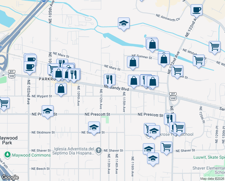 map of restaurants, bars, coffee shops, grocery stores, and more near 11324 Northeast Sandy Boulevard in Portland