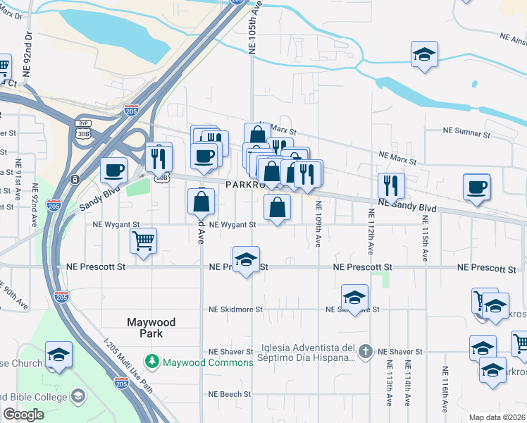 map of restaurants, bars, coffee shops, grocery stores, and more near 4731 Northeast 106th Avenue in Portland