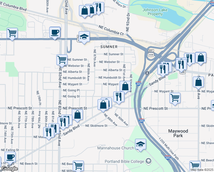 map of restaurants, bars, coffee shops, grocery stores, and more near 8838 Northeast Wygant Street in Portland