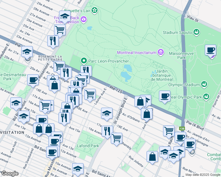 map of restaurants, bars, coffee shops, grocery stores, and more near 5158 Québec 125 in Montréal